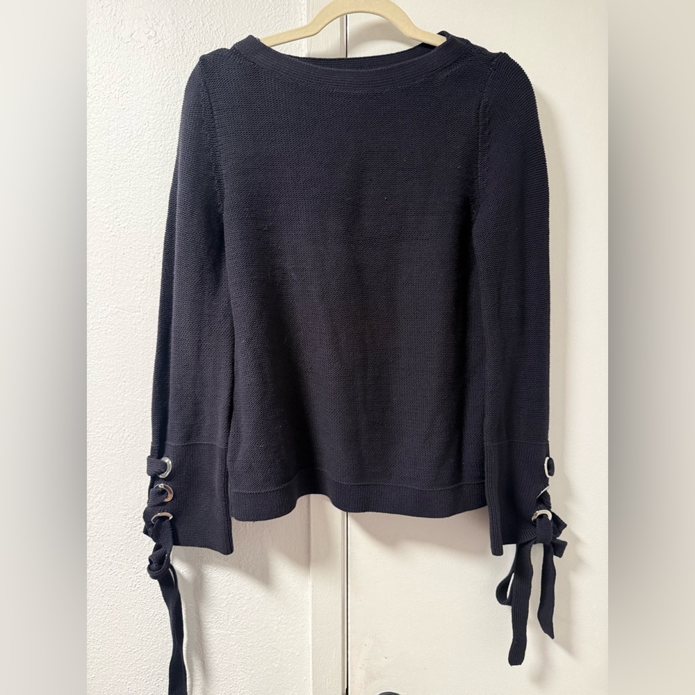 Ann Taylor Navy Blue Knit Sweatshirt with Sleeve Ties